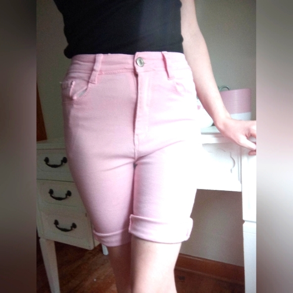 BLUE TOPIC - Bubblegum Pink Denim High Rise Bermuda Shorts - Picture 2 of 6